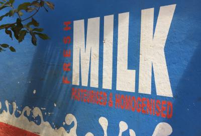 Milk sign an Doinyo Lessos dairy in Kenya