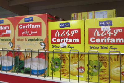 Boxes of maize products on grocery store shelf